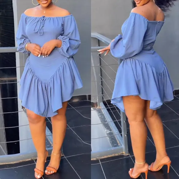 Sexy Slim Fit Solid Lace Tie Elastic Off Shoulder Lantern Sleeve Dress