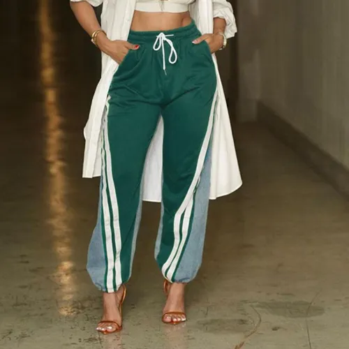 Spliced striped contrasting denim printed high waisted drawstring loose casual hooded sports pants