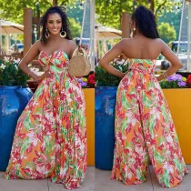 Sexy Chest Wrap Print Large Size Elastic Tie Wide Leg Pleated Large Size Jumpsuit