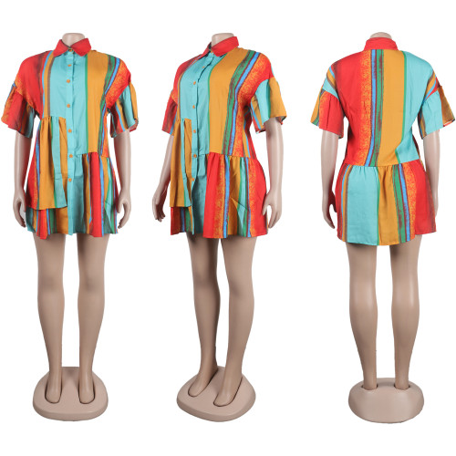 Slim Fit Printed Contrast Panel Short Dress Colorful Top Short Sleeve Shirt