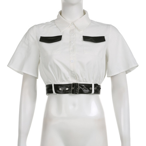 Women's PU leather contrast stitching lapel button pocket belt heavy work street loose short shirt