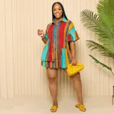 Slim Fit Printed Contrast Panel Short Dress Colorful Top Short Sleeve Shirt