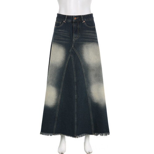 Women's High Waist Zipper Washed Vintage A-line hem Fashion Personalized Denim Skirt Long Dress