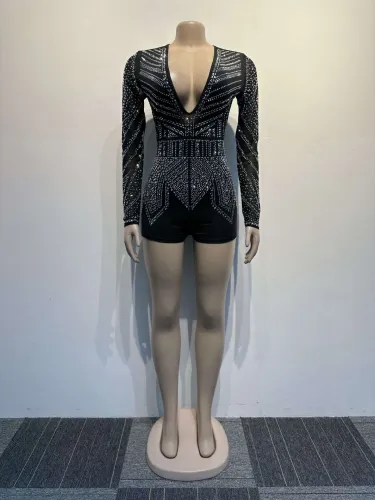Sexy Slim Fit Hot Diamond Perspective Slim Fit Wrap Hip Deep V Hot Diamond Jumpsuit