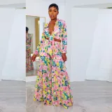 Sexy printed wide leg pleated lace tie large long sleeved set of two pieces