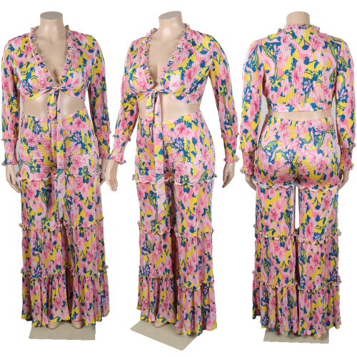 Sexy printed wide leg pleated lace tie large long sleeved set of two pieces