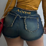 Women's back letter printed high waisted zipper with matted vintage basic fashion denim shorts