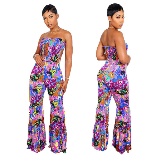 Sexy printed oversized lace up jumpsuit flared pants