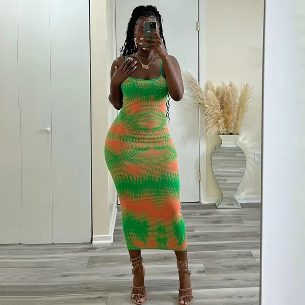 Tie dyed gradient contrast printed U-neck sleeveless tight fitting buttocks sexy basic simple strap long dress