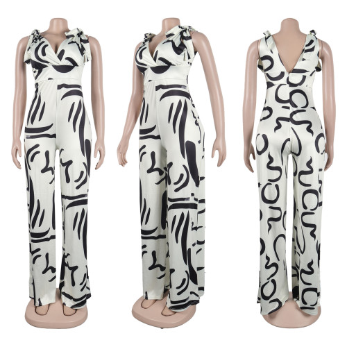 Sexy printed buttocks wrapped slim straight leg wide leg pants with straps jumpsuit