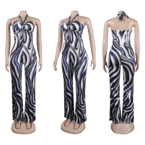 Sexy printed hanging neck strap printed elastic micro flared sleeveless jumpsuit