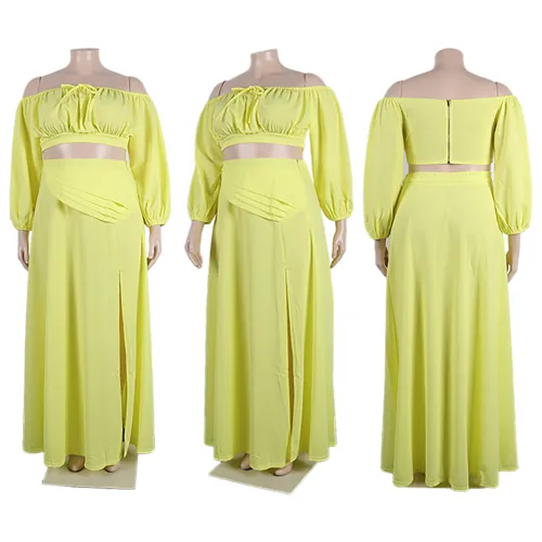 Sexy Chest Wrapping Large Skirt, Lantern Sleeve, Large Size Set, Two Piece Set