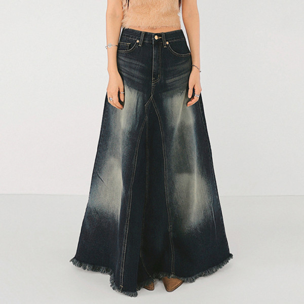 Women's High Waist Zipper Washed Vintage A-line hem Fashion Personalized Denim Skirt Long Dress