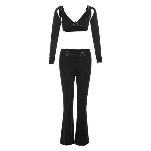 Women's long sleeved exposed navel T-shirt Women's high waisted slim fitting pants casual set