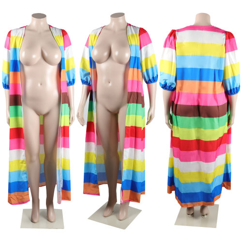 Oversized positioning printed rainbow color long cardigan jacket
