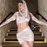 Women's Design Sense Hooded Sexy Hollow Fit Wrap Hip Dress Set