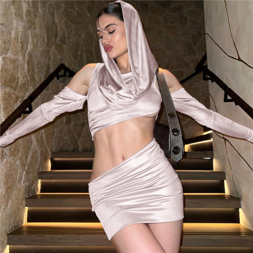 Women's Design Sense Hooded Sexy Hollow Fit Wrap Hip Dress Set