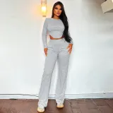 Women's round neck long sleeved irregular T-shirt high waisted wide leg pants casual set