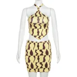 Women's neck hanging printed small vest, slim fitting high waistband, buttocks wrapped skirt set