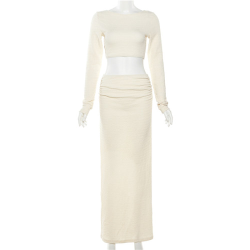 Women's Fashion Round Neck Long Sleeve Open Navel T-shirt Slim Fit Wrap Hip Half Skirt Set