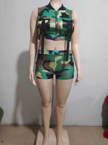 Camouflage printed vest vest shorts two-piece set