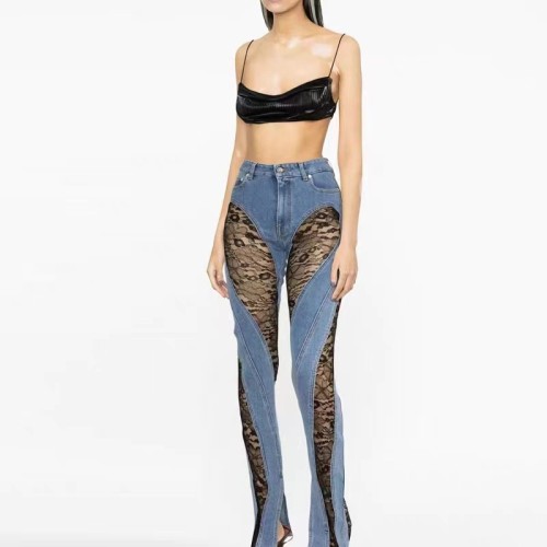 Contrast stitching lace high waisted jeans and pants