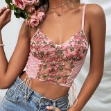 Embroidered flower lace up vest
