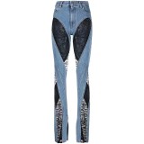 Contrast stitching lace high waisted jeans and pants
