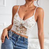 Embroidered flower lace up vest
