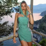 Sleeveless hooded pleated slim fitting short dress