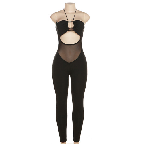 Hollow Perspective Hanging Neck High Waist Tight Knitted One Piece Pants