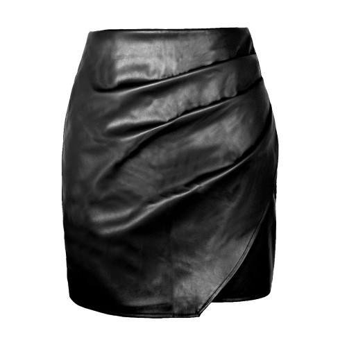 PU wrap buttocks zipper pleated skirt