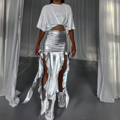 Ribbon tassel reflective PU fishtail skirt with slight elastic irregular skirt half skirt