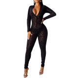 Sexy leopard print mesh flocked long sleeved jumpsuit