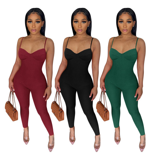 Solid V-neck elastic small pit stripe sexy jumpsuit pants with straps