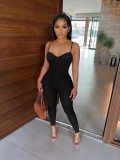 Solid V-neck elastic small pit stripe sexy jumpsuit pants with straps