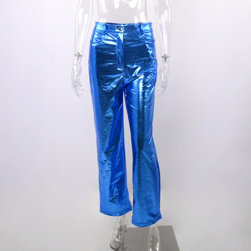 High waisted PU leather pants for women's candy colored casual pants