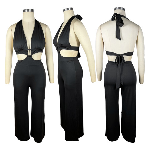 Solid color strapping neck wrap chest button wide leg jumpsuit