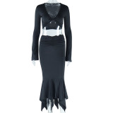 Long sleeved top, medium length irregular fishtail skirt, two piece set