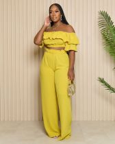 Solid Ruffle Edge Off Shoulder Loose Relaxed Set