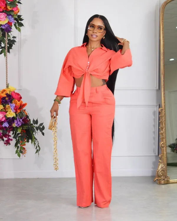Solid color strapped button cardigan with loose shoulder sleeves casual set