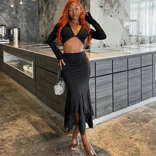 Long sleeved top, medium length irregular fishtail skirt, two piece set