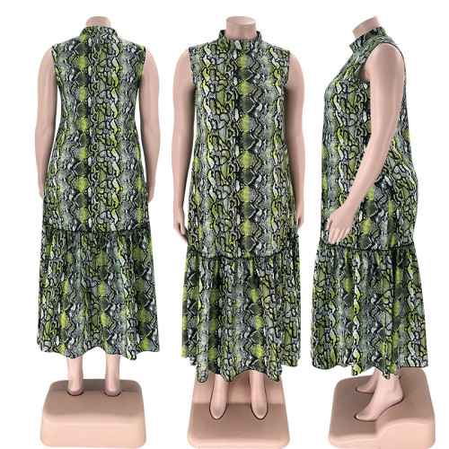 Standing collar sleeveless printed oversized women's fashion loose fitting long dress