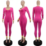 Deep V zipper long sleeved color matching oversized jumpsuit