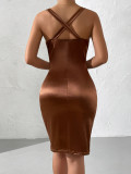 Deep V-neck hanging neck open back sexy temperament pleated dress