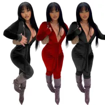 Deep V-neck waist strap jumpsuit