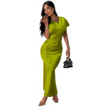 Short sleeved tight fitting short sleeved solid color high waisted long skirt