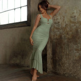 Strap splicing dress with tight pleated fishtail skirt