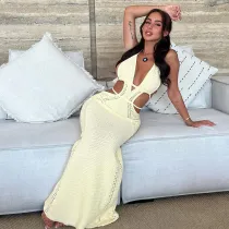 Knitted sweater dress with open back and neck strap long skirt