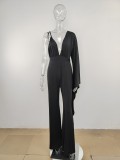 Open back sexy V-neck single sided long sleeved tight high waisted wide leg jumpsuit